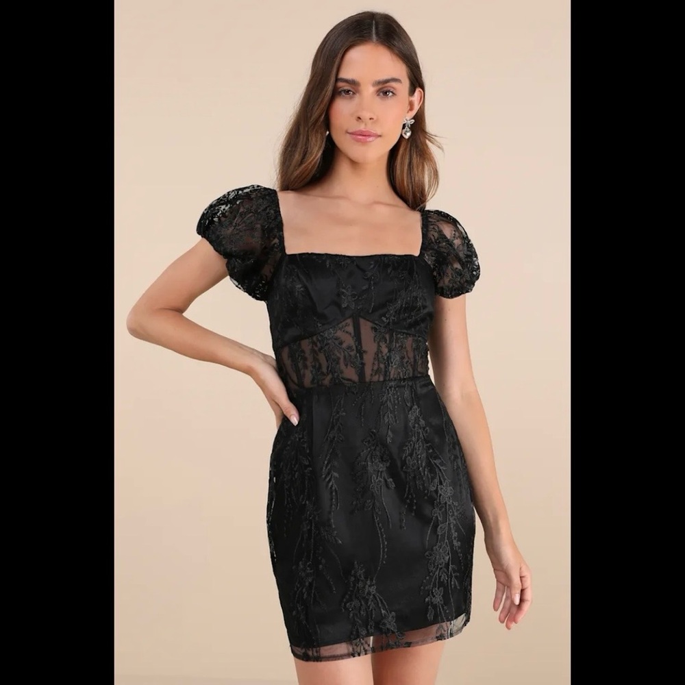 NWT LULUS Seriously Cute Black Embroidered Mesh Puff Sleeve Mini Dress